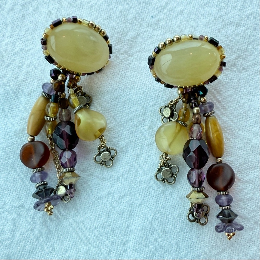 Chipita Vintage Beaded Dangle Earrings Yellow, Gold, Silver & Purple EUC